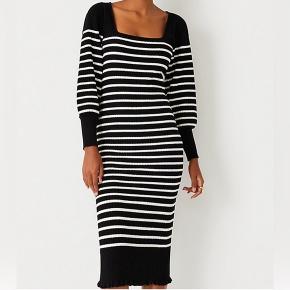 Ann Taylor Striped Midi Sweater Dress Square Neck Black White NWT Size Small - Picture 5 of 7